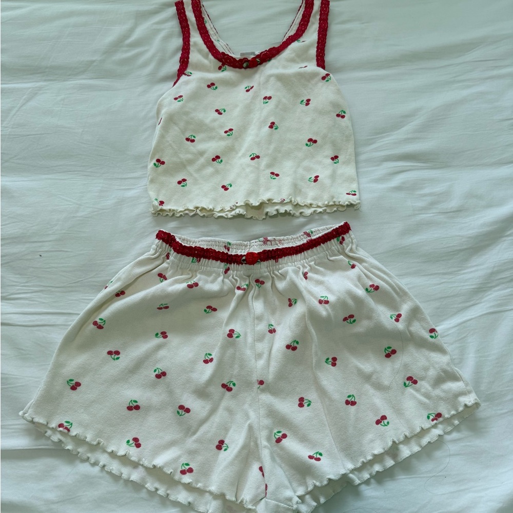 White and Red Heart Print Pajama Set with Ruffled Hem